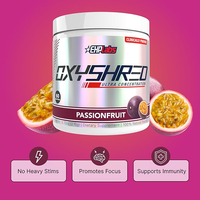 EHP Labs OxyShred Pre Workout Powder & Shredding Supplement - Preworkout Powder with L Glutamine & Acetyl L Carnitine, Energy Boost Drink - Passionfruit, 60 Servings