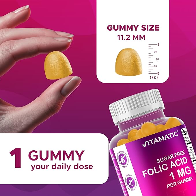 Vitamatic Folic Acid Gummies 1000 mcg (1 mg) - an Essential Prenatal Vitamins for Mom & Baby - Vitamin B9-120 Vegan Gummies (1)