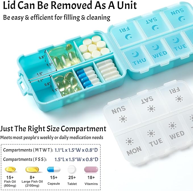 NEW Foldable & Double Protection Portable Weekly Pill Organizer 2 Times A Day with Etched Labels, AM PM 7 Day Week Medicine Box, Daily Travel Pill Case Dispenser for Vitamin, Supplement - Sky Blue