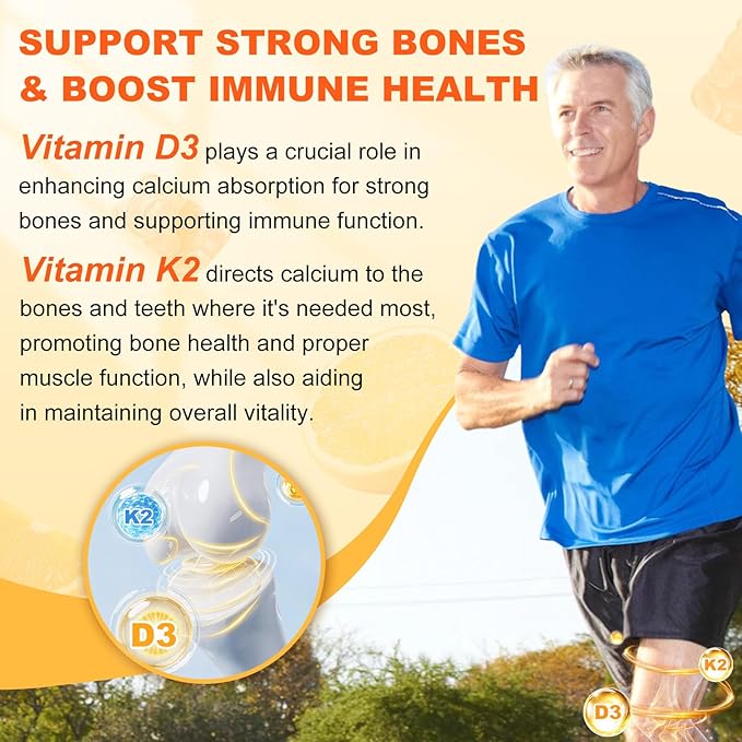 Vitamin D3 K2 Gummies for Women & Men, 6-in-1 Vitamin D Supplements with Magnesium, Zinc and Calcium for Bone, Immune & Energy Support, Sugar Free, Orange Flavor, 120 Count