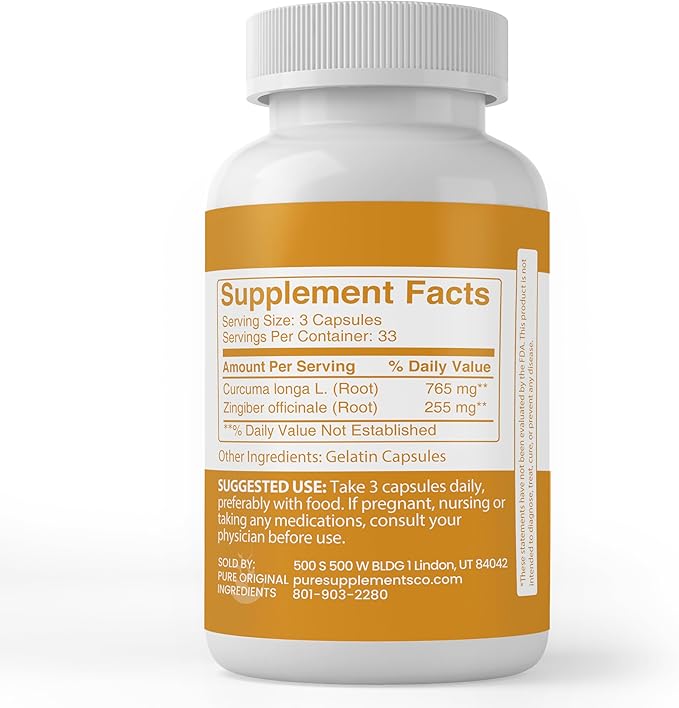 Pure Original Ingredients Turmeric Curcumin & Ginger, (100 Capsules) Always Pure, No Additives Or Fillers, Lab Verified (100 Capsules)