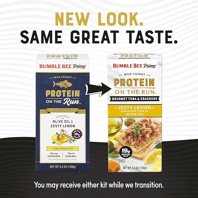 Bumble Bee Prime Protein on the Run Tuna Snack Kit, Pack of 12 - Gourmet Tuna Marinated in Olive Oil & Zesty Lemon with Crackers and Serving Utensil - 19g of Protein Per Serving, Easy Open Can