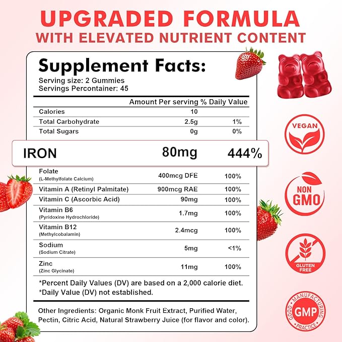 90 Count | Iron Supplement for Women, Men & Kids, Iron Gummies for Iron Deficiency & Anemia with Vitamin C B6 B12,Folate-Iron Supplement Support Bl♡♡d Oxygen & Energy Boost, Vegan,Non-GMO &Gluten Free