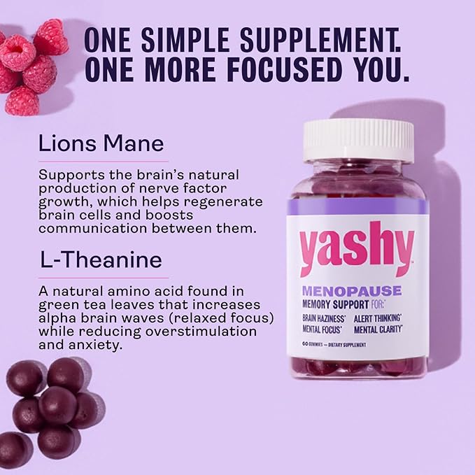 Menopause Memory Support Gummies | Improve Memory & Focus, Stay Alert, & Mentally Present | 30 Servings | Delicious Raspberry Pomegranate Flavor | L-Theanine & Lions Mane