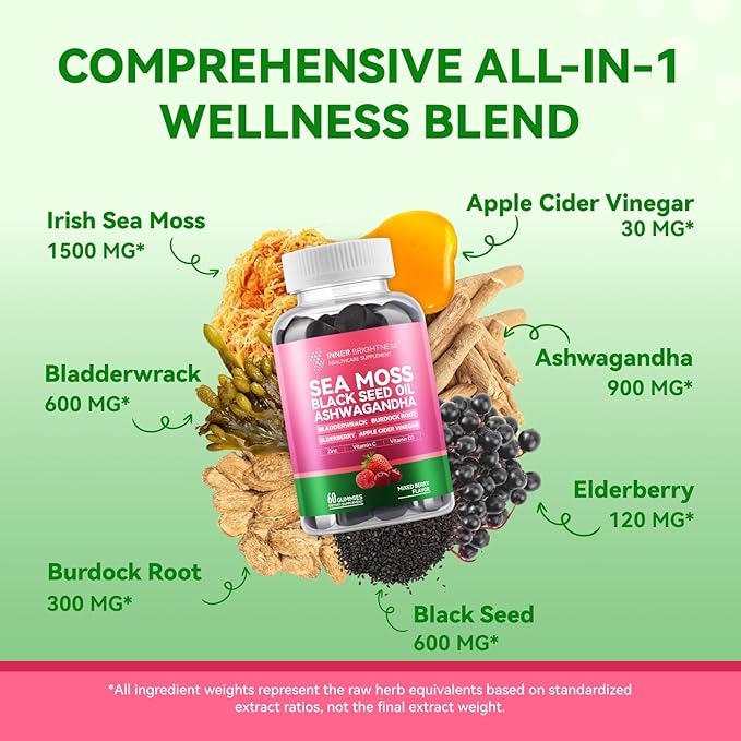 Inner Brightness Sea Moss 4000mg Gummies with Ashwagandha, Elderberry, Apple Cider Vinegar, Bladderwrack, Burdock Root – Immune Support – Mixed Berry Flavor – 60 Count