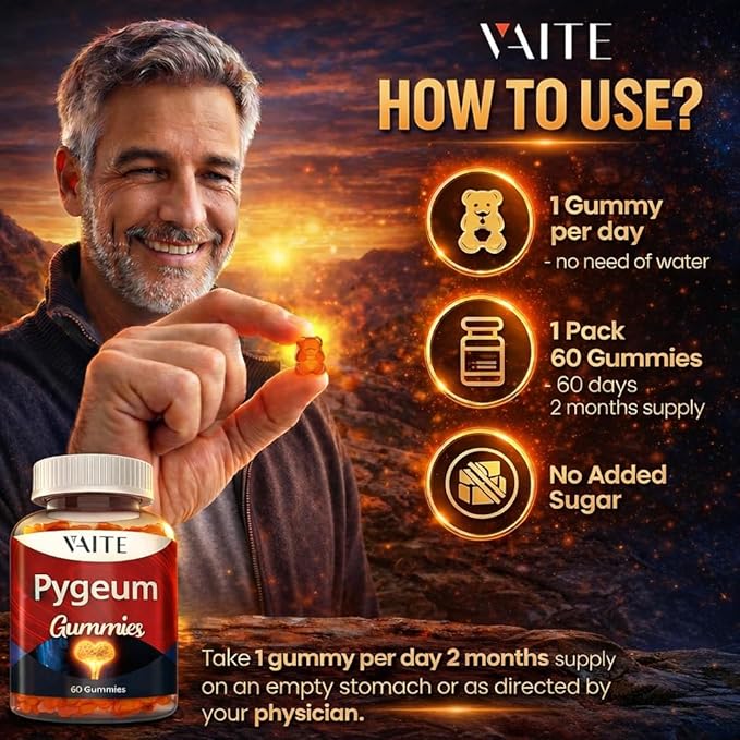 VAITE Pygeum Supplement Gummies 500mg - Vegan Chewables with Africanum Bark Extract, Plant-Based Supplements for Male, Non-GMO Gluten-Free, Sugar-Free, Gelatin-Free, 60 Chews Gummy