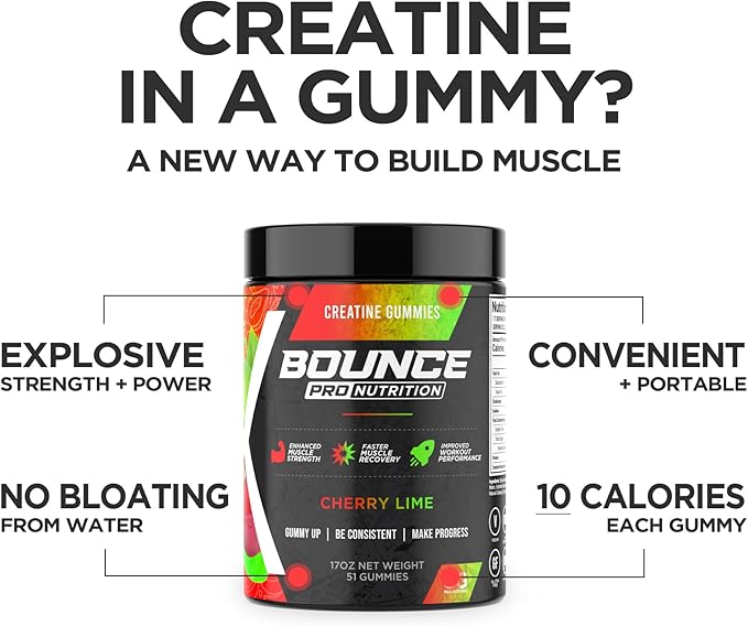 Bounce Pro Creatine Monohydrate Gummies for Men & Women, Low Calorie, 6G of Creatine per Serving, Vegan, Anti-Melting, Gluten-Free, Non-GMO, 2g of Creatine per Gummy (51ct, Cherry Lime)