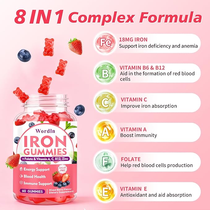 Iron Gummies for Women, Men & Kids, Vegan Iron Supplement with Vitamin C, B12, Folate for Energy Support & Immune Health, Sugar Free, 60 Gummies (Pack of 1)