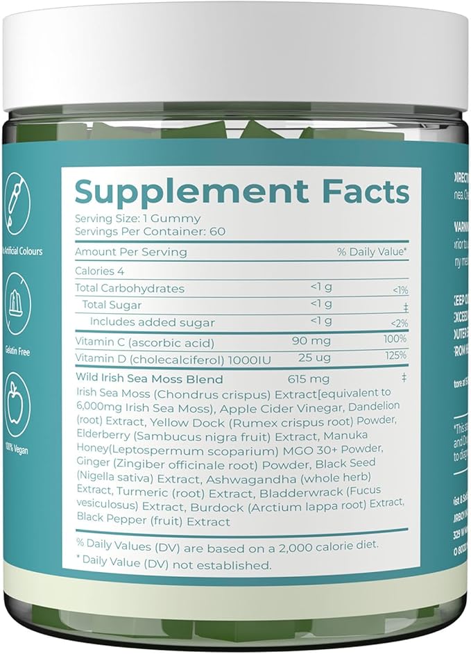 Sea Moss Gummies 16-in-1 - Ashwagandha Black Seed Oil Bladder Wrack Turmeric Vitamin C & D3 with Manuka Burdock Root Dandelion Yellow Dock Natural Detox & Liver Health Immune Support, Energy Boost