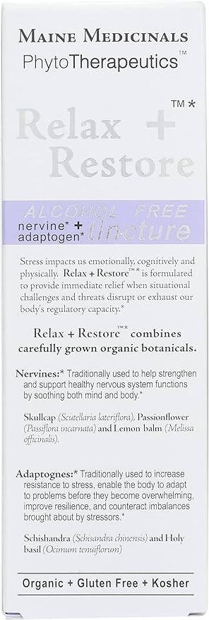 Relax + Restore Alcohol-Free Herbal Stress Support- with Nervines and Adaptogens for Healthy Calm* Certified Organic - 2 floz (60 Servings)