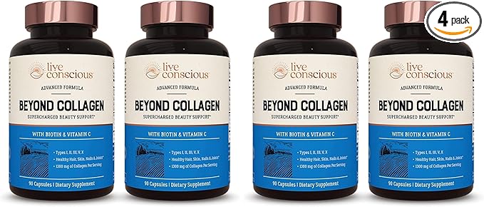 Live Conscious Beyond Collagen Multi Collagen Capsules - Types I, II, III, V & X | Hydrolyzed Blend with Biotin & Vitamin C for Hair, Skin, Nails 90 Capsules (4-Pack)