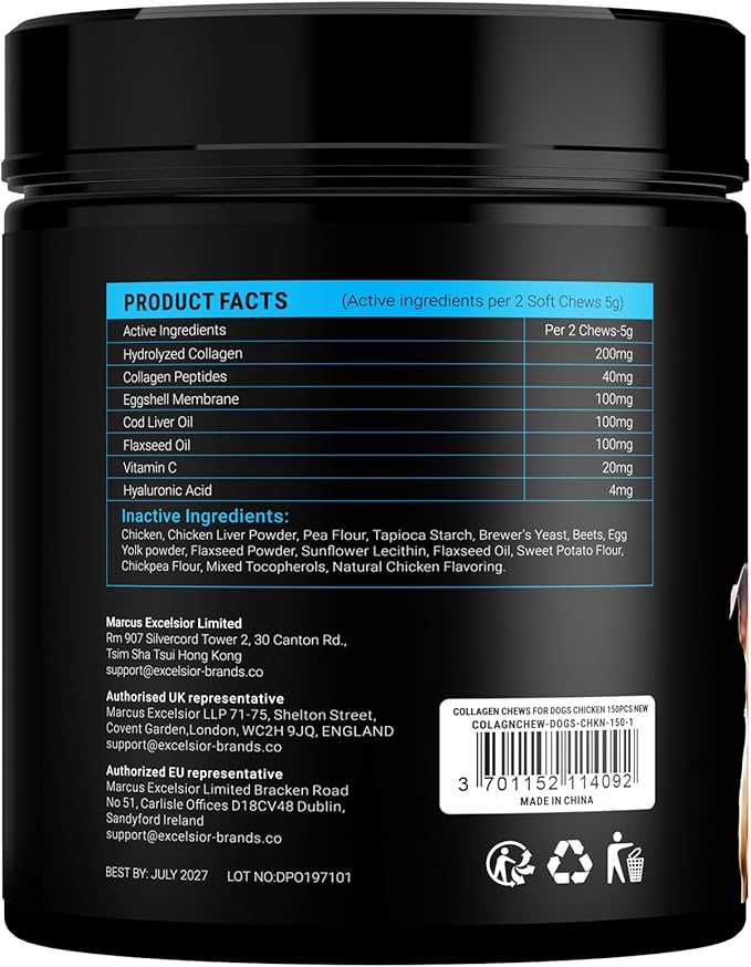Collagen for Dogs - 150 Chews - Joint, Skin & Coat Supplement with Hyaluronic Acid, Eggshell Membrane & Vitamin C - Daily Hip & Joint Support for Senior Dogs & Puppies - Chicken