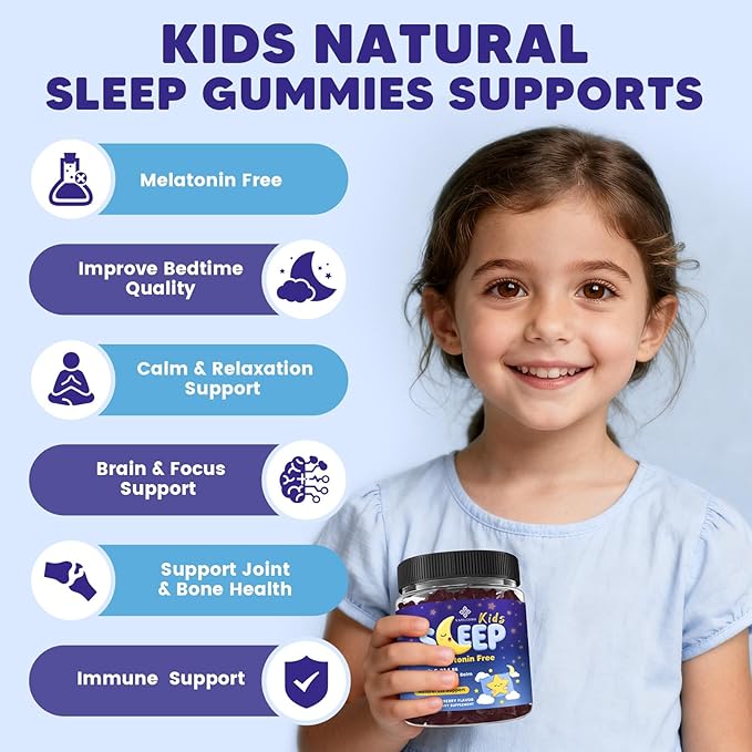 Kids Sleep Gummies Melatonin Free - with Magnesium Glycinate, Lemon Balm, L-Theanine & GABA - Calming Relaxation, Support Natural Sleep, Quiet Mind - Berry Flavor, Non-Habit Forming, 120 Count
