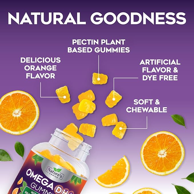 Omega 3 Fish Oil Gummies - Triple Strength Omega3 Gummy - DHA & EPA Fatty Acids for Heart Health, Joint & Brain Support, Nature's High Absorption Omega Fish Oil Supplement, Orange Flavor- 60 Gummies