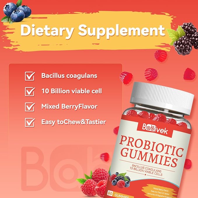 Probiotic Gummies 10 Billion CFU, Bacillus Coagulans for Digestive & Immune Support, Vegan, Non-GMO, Strawberry & Mixed Berry Flavor, 60 Count(Pack of 2)