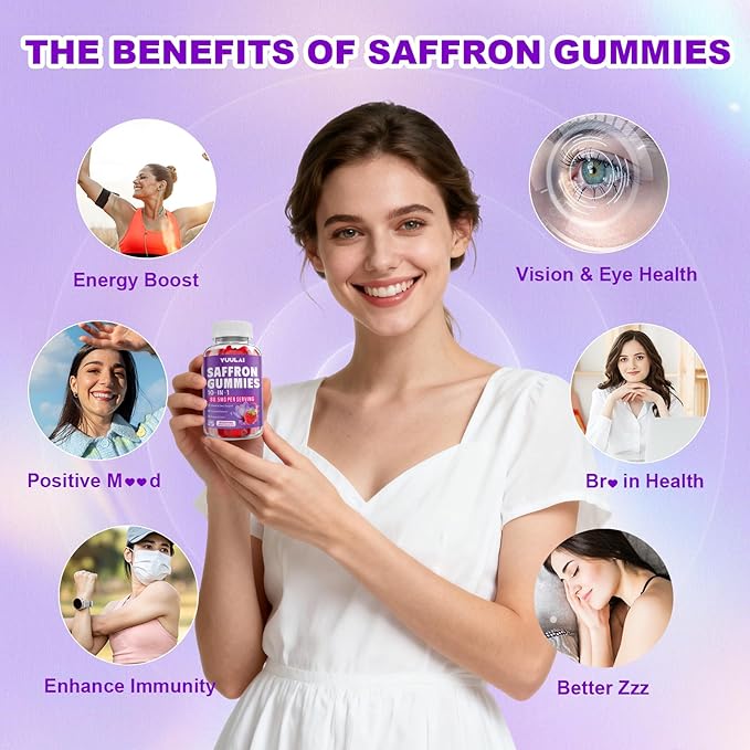 Saffron Gummies, 10-in-1 Saffron Supplements for Kids & Adults with 88.5mg Saffron Extract, for Emotions, Zzz, Sugar Free, Raspberry Flavor, 60 Count