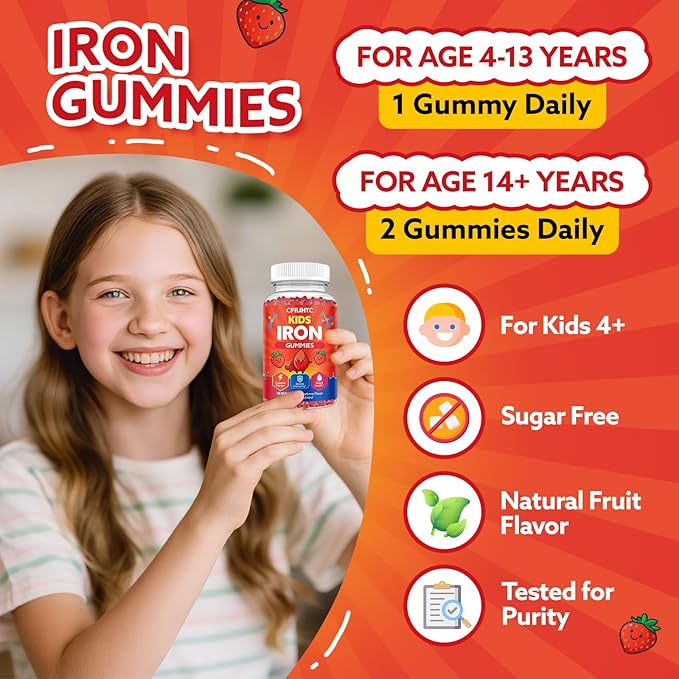 Iron Gummies for Kids & Teens, Kids Multivitamin with Iron Supplement, Calcium, Folate, Zinc, Prebiotic - for Blood Builder & Energy Support, Iron Deficiency - Vegan & Non-GMO - 60 Count Strawberry