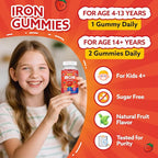 Iron Gummies for Kids & Teens, Kids Multivitamin with Iron Supplement, Calcium, Folate, Zinc, Prebiotic - for Blood Builder & Energy Support, Iron Deficiency - Vegan & Non-GMO - 60 Count Strawberry