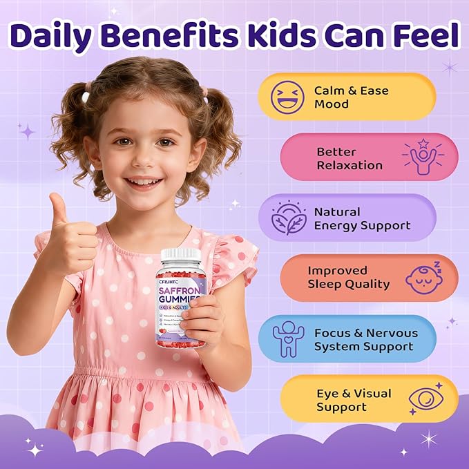 Saffron Gummies for Kids & Adults, 20-in-1 Saffron Supplements with 88.5mg Saffron Extract, B6, B12, C, D3, Magnesium for Calm, Focus, Nerve, Sugar Free, Vegan, Non-GMO - Strawberry Flavor, 60 Counts