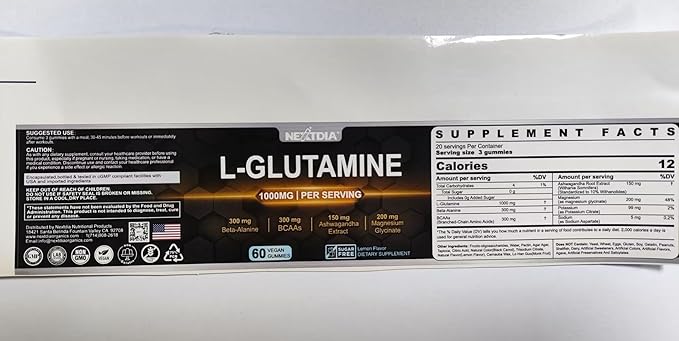 Nextdia L-Glutamine 1000mg Gummies for Women & Men| with Beta-Alanine, BCAAs, Magnesium Glycinate, Potassium & Ashwagandha | Vegan | Sugar-Free & Extra-Chewy | 120 Counts