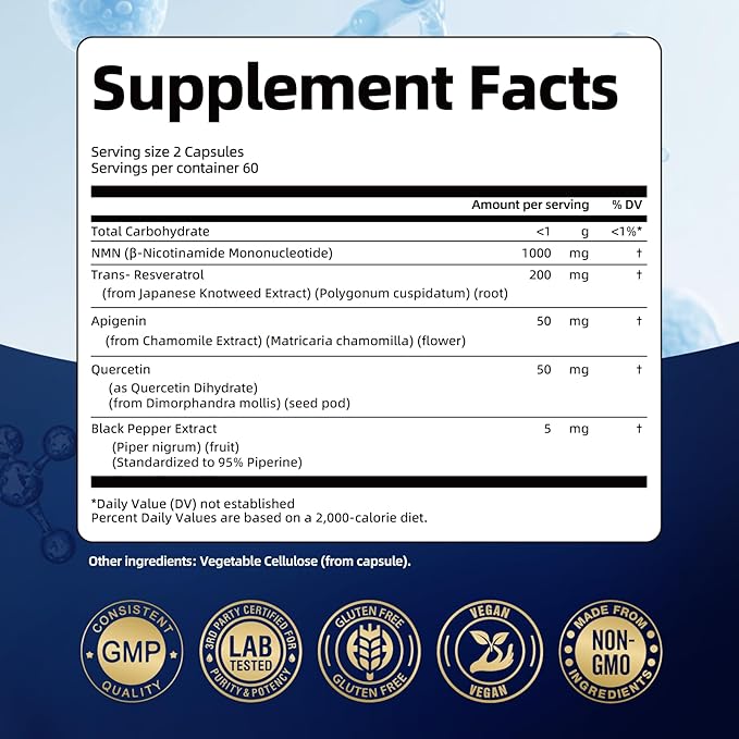 Migcopat NMN Supplement 1000mg – NMNH Alternative 5-in-1 NAD Supplement w/Resveratrol, Apigenin, Quercetin & Black Pepper – Supports Cellular Energy, Healthy Aging & Longevity – 120 Veggie Capsules