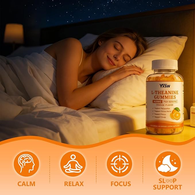 L-Theanine Gummies, Chewable L-Theanine Supplement for Adults & Kids 400mg with Ashwagandha, GABA, 5HTP for Relax, Zzz & Focus Support, Orange Flavor, 60 Counts