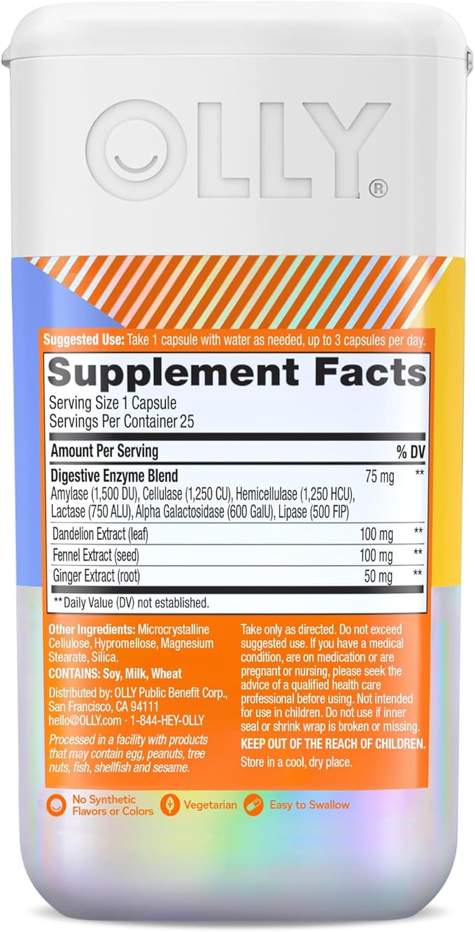 OLLY Beat The Bloat Capsules, Digestive Support Enzymes, Supplement for Women - 25 Count (Pack of 2)