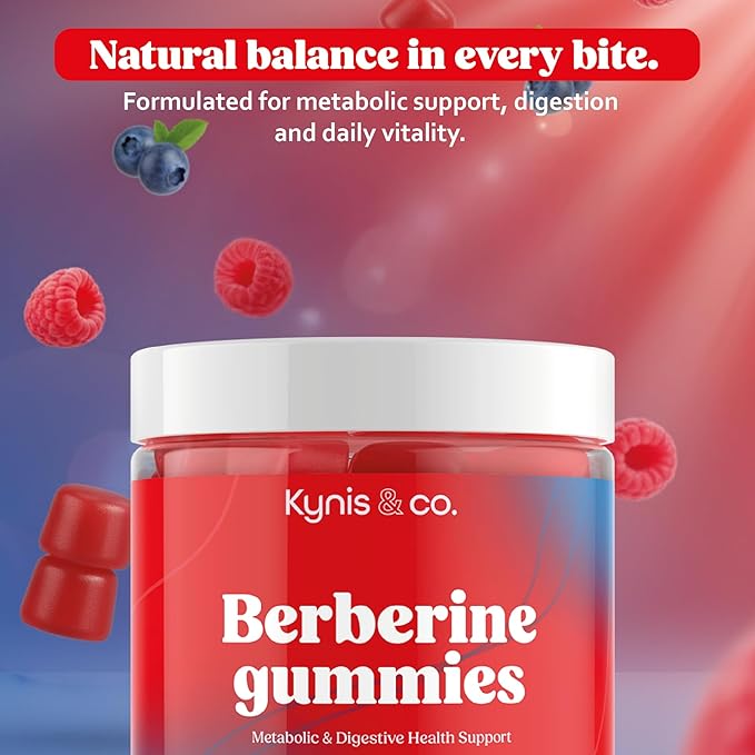 Kynis & co. Berberine Gummies with Ceylon Cinnamon and Apple Cider Vinegar - Sugar Free - Blueberry and Raspberry Flavor - 60ct - Supports metabolic and Digestive Health