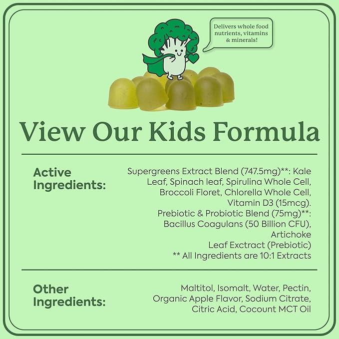 WonderGreens Kids Super Veggie Gummies – Sugar-Free, Allergen-Free Multivitamin for Picky Eaters with Probiotics – Tummy & Immune Support – Green Apple Flavor (30 Count)