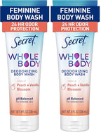Secret Feminine Wash, 24 HR Deodorizing Feminine Body Wash for Women, Removes 6x Causes of Odor, PH Balanced, Safe to Use Everywhere, Peach & Vanilla Blossom Scent, 8.0 oz, (Pack of 2)