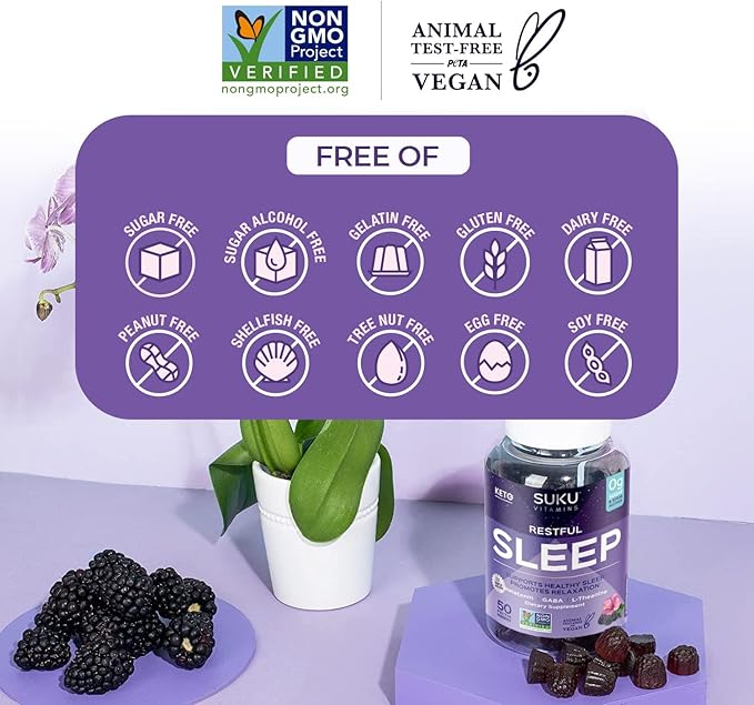 SUKU Restful Sleep Gummies – 3 mg Melatonin, L-Theanine & GABA – Vegan, Sugar-Free Chewable for Relaxation & Natural Sleep Support – BlackBerry-Hibiscus Flavor – Non-GMO, Gluten-Free – 50 Count
