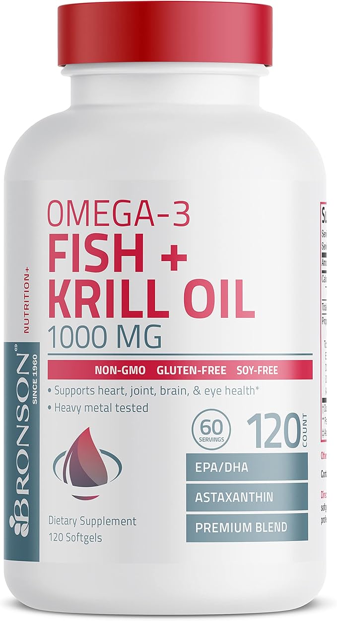 Bronson Omega-3 Fish + Krill Oil 1000 MG EPA DHA Astaxanthin Premium Blend - Joint, Brain & Eye Health - Non GMO, Heavy Metal Tested, 120 Softgels