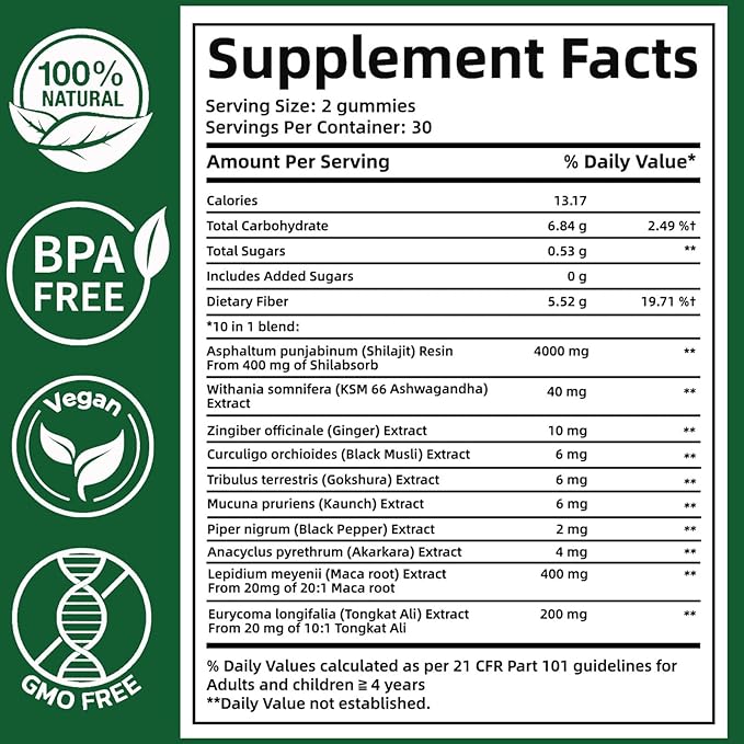 10-in-1 True Alpha Shilajit Gummies, 4000mg Himalayan Alpha Gummies for Men, Energy Boost, Immune Support, with Ashwagandha, Maca Root, Tongkat Ali, Fulvic Acid, 85+Trace Mineral, No Added Sugar, 60ct