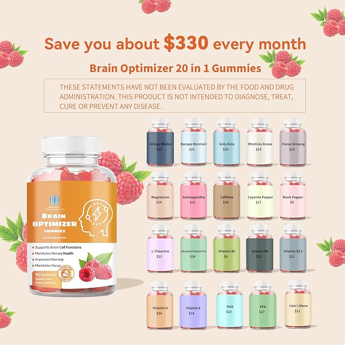 Gummies - Brain Supplement for Memory, Focus & Attention - Cognitive Support with Magnesium, Omega 3, Ashwagandha - 90 Count Raspberry Flavor