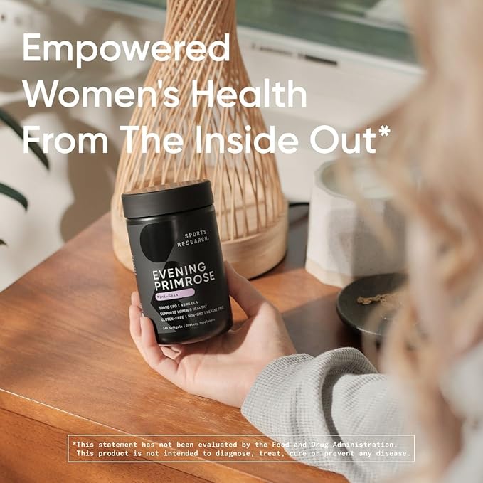 Sports Research Evening Primrose Oil (500mg) Cold-Pressed with No fillers or Artificial Ingredients, Non-GMO Tested - Gluten & Soy Free (240 Liquid Softgels)