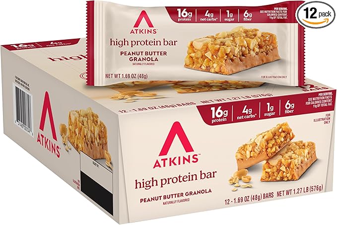 Atkins Peanut Butter Granola High Protein Bar, High Fiber Snack , 16g Protein, 1g Sugar, 4g Net Carb, Protein Snack, 12 Count