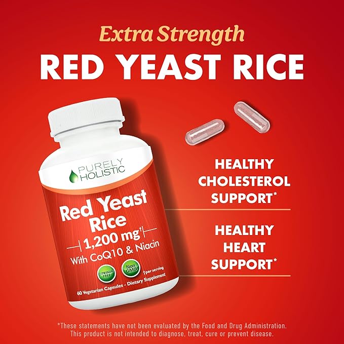Red Yeast Rice with CoQ10 Supplement | Healthy Cholesterol Levels & Heart Health Support | Extra Strength Red Yeast Rice 1200 MG (600 MG Per Capsule) with Monakolin K | No Citrinin, Non-GMO | 60 Ct