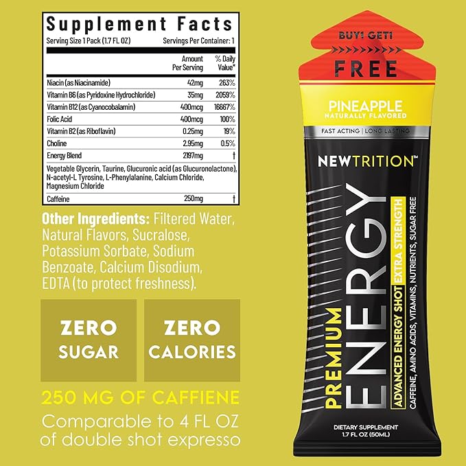 NewTrition® Extra Strength Energy Shots, 1.7 fl oz - 250mg Caffeine with Vitamin B & Amino Acids, Sugar-Free, Zero Calorie Vitamin Energy Drink for Focus & Endurance (Pack of 6, Pineapple)