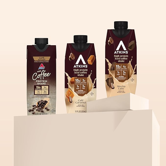 Atkins Coffee Lovers Protein Shake Variety Pack, Mocha Latte, Café Caramel and Café au Lait Flavored Protein Shakes, 15g Protein, 3g Fiber, GLP-1 Friendly, 12 Count