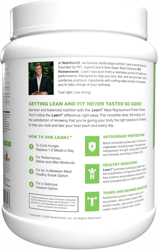 N53 Lean1 Meal Replacement Protein Powder, Cafe Latte Flavor, 15 Serving tub, No Sugar Added