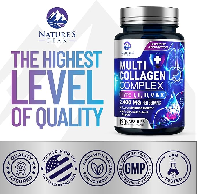 Multi Collagen Peptides Supplement for Hair, Nail, Skin - Type I, II, III, V, X, Collagen Powder Pills - Grass-Fed, Hydrolyzed for Bone and Joint Support for Women & Men, Non-GMO - 120 Capsules