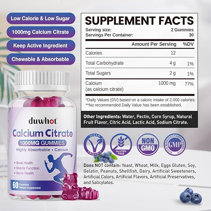 Calcium Citrate Gummies, Chewable Calcium Citrate 1000mg for Bone, Muscle & Immune Support, Ultimate Absorption Calcium Supplements for Women & Men, Blueberry, 120 Chews