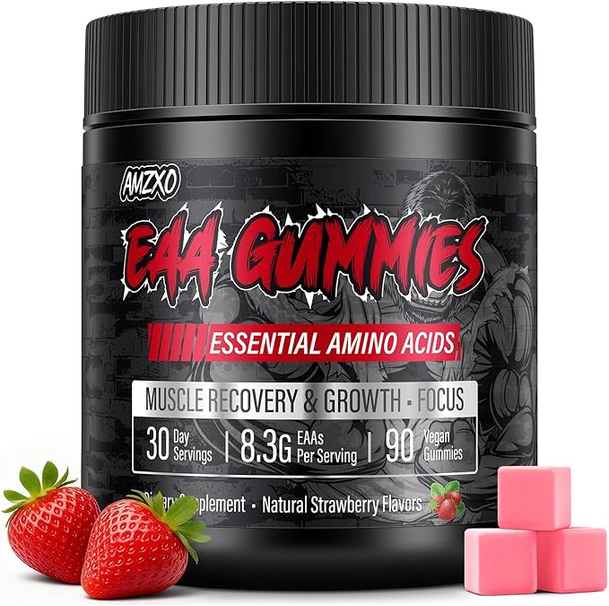EAA Gummies - 2:1:1 BCAA Formula (8300mg) - Essential Amino Acids for Muscle Recovery & Endurance - Non-GMO, Gluten Free, Sugar Free, Vegetarian, Strawberry Flavor - 90 Count