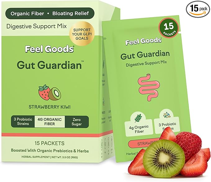 Feel Goods Gut Guardian, Gut Health Powder Packets - Probiotic Fiber Powder with Prebiotics & L Glutamine for Digestive Health, Bloating Relief & Digestion Support - Zero Sugar & Organic Flavor