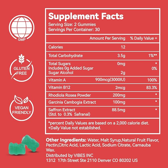 Saffron Supplements Gummies, Saffron Extract for Positive Mood & Calm Nerve, Boost Energy, with Garcinia Cambogia, Vitamin A, B12, Rhodiola Rosea - 60 Gummies