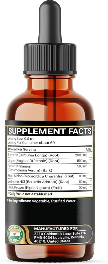 6in1 Liquid Turmeric Ceylon Cinnamon Berberine Ginger Bitter Melon & Black Pepper – Turmeric Supplement Drops – 1 FL OZ – 60 Servings