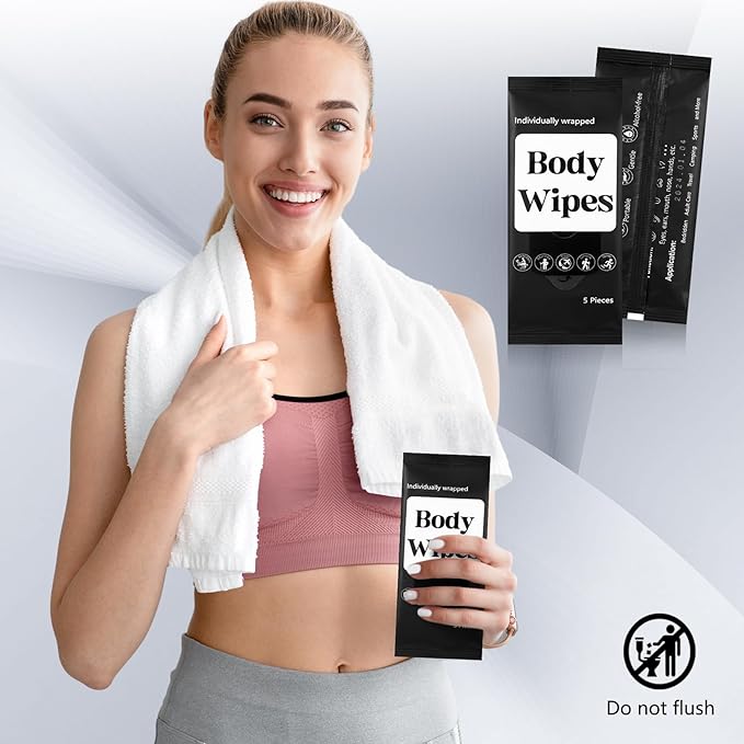 300 Pcs 60 Pack Body Wipes for Adults Bathing No Rinse Individually Wrapped Shower Wipes Washcloth with Aloe Cleansing Body Wash Cloths Disposable Bulk Deodorant Homeless(Black Background)