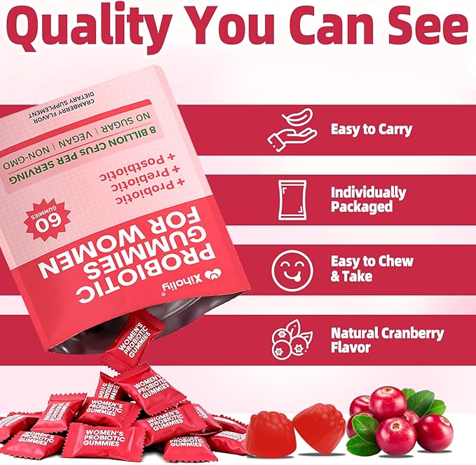 Women Probiotic Gummies - Viginal Probiotics for Women, Feminine pH Balance Supplement, Prebiotic Chewable Gummy, for Vaginal Health, Yeast Balance, Immune Defense, Healthy Odor, Cranberry, 60 Count