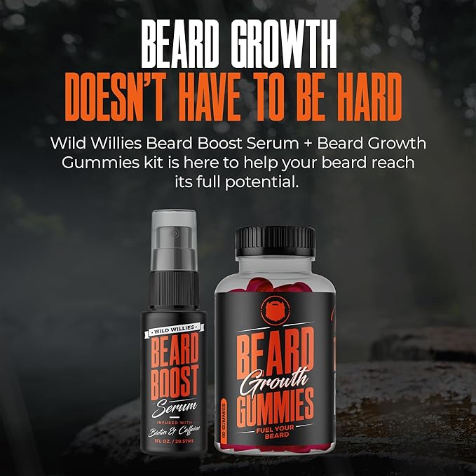 Wild Willies Beard Growth Dual Threat: Serum & Gummies for Men - Biotin, Caffeine & Essential Growth Oil for Fuller, Thicker Facial Hair