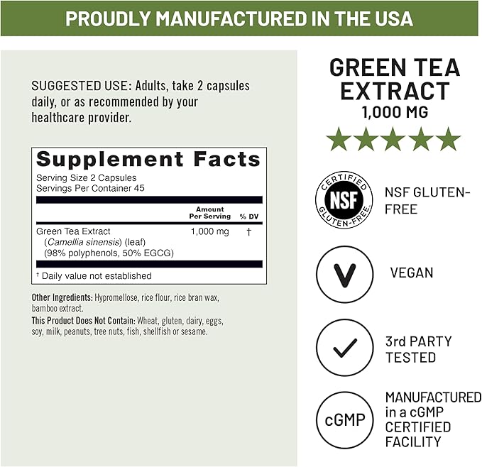 NatureWise Green Tea Extract Capsules 1000 mg - 50% EGCG & 98% Polyphenols - Extra Strength Green Tea Pills - Antioxidants for Heart Health & Energy - Vegan, Non-GMO - 90 Count[45-Day Supply]